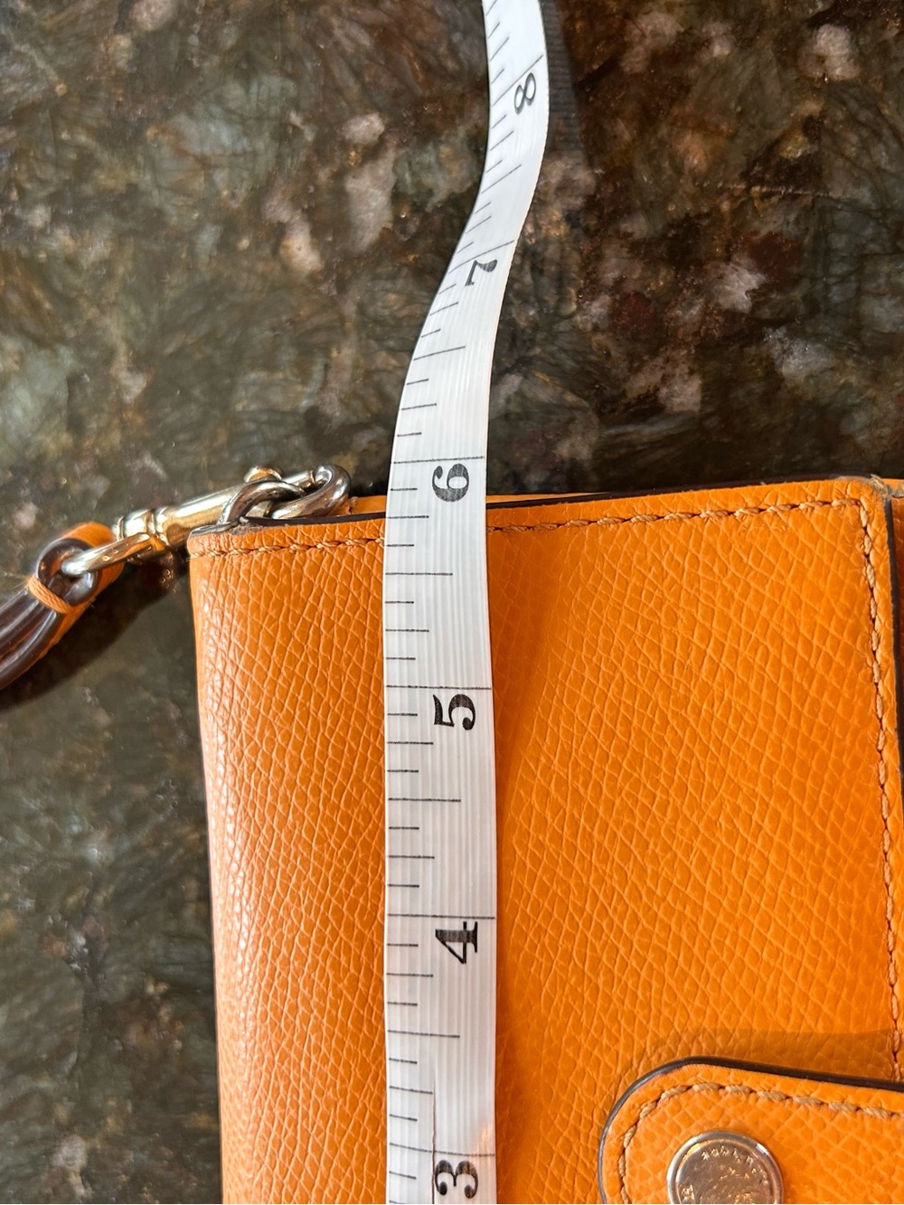 Coach wristlet wallet with snap closure. Yellow/orange pebbled leather. EUC - Picture 9 of 9